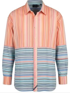 Striped Long-Sleeve Button-Down Shirt in Coral, Light Blue and White 3X